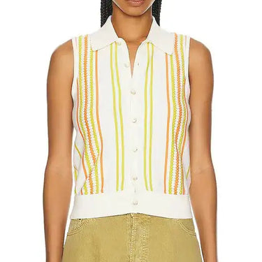 Haut 'Plaza' crème à rayures oranges et vertes en tricot de coton pour femmes S