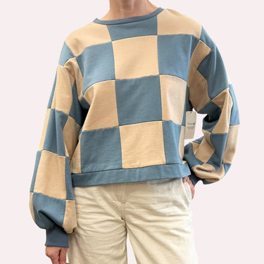 Pull à damiers bleus et sable en coton pour femmes OS