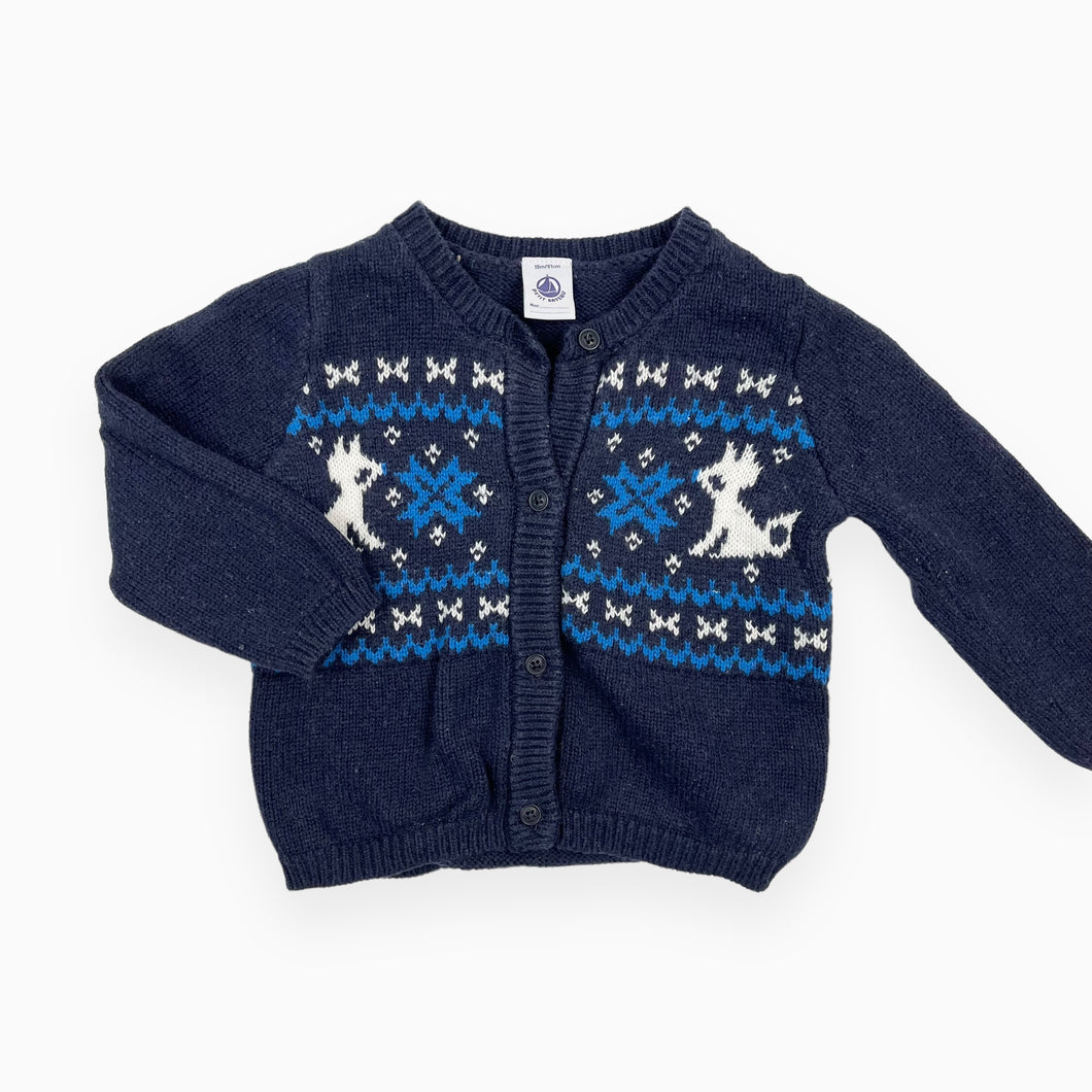 Cardigan bleu marine en tricot de laine et coton 18M