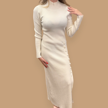 Robe maxi à col montant blanche côtelée en laine mérino, coton et poly pour femmes XS