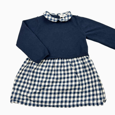 Robe à col claudine marine avec volant à vichy coton-poly-laine (10%) 36M