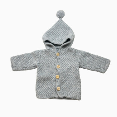 Veste à capuchon bleue en tricot 6M
