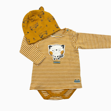 Robe avec cache-couche intégré et bonnet à rayures ocre 3-6M