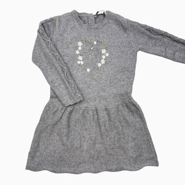 Robe grise avec fleurs brodées en tricot de laine,poly et cachemire 4Y