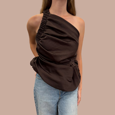 Haut asymétrique espresso en poly satiné pour femmes S