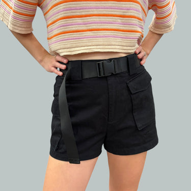 Short noir ceinturé en coton pour femmes S