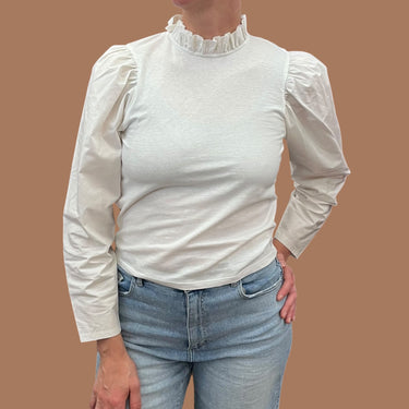Blouse à col frisé blanche en coton pour femmes S