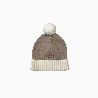 Tuque sable et crème avec broderie voiture en tricot de coton,laine, polyamide et alpaca 0-3M