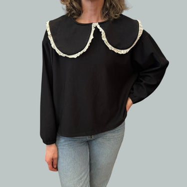 Pull noir côtelé avec large col en polyester revalorisé pour femmes S-M