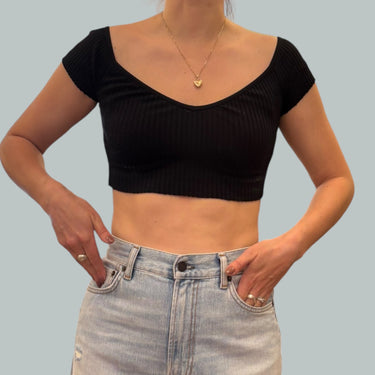 T-shirt "cropped" noir en coton cotelé pour femmes S
