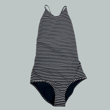 Maillot noir à rayures 'high neck' et dos ouverts pour femmes L