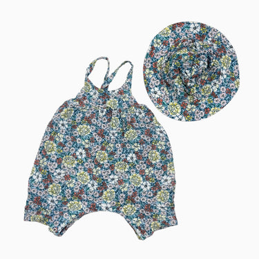 Combi et chapeau soleil en mousseline de coton bio à imprimé floral 0-6M