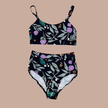 Bikini taille-haute noir à fleurs en poly pour femmes XS
