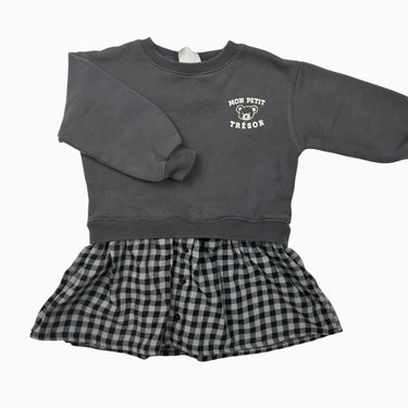 Robe anthracite à volant imprimé pied de poule en coton 18-24M