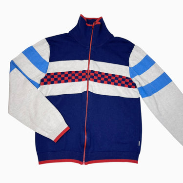 Veste marine avec damiers oranges en tricot de viscose, polyamide et coton 12Y