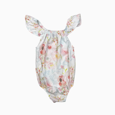 Cache-couche 'barboteuse' blanche 'fleurs pastels' et volants 12-18M