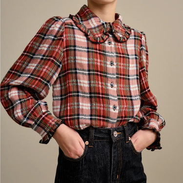 Blouse à col claudine en coton, viscose et poly à carreaux 6Y