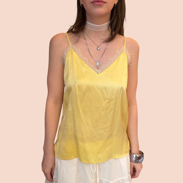 Camisole jaune avec dentelle en soie pour femmes XS