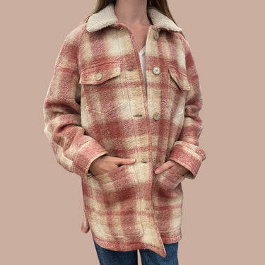 Veste 'Pacific' carreauté rose en laine et poly avec col en sherpa pour femmes XS
