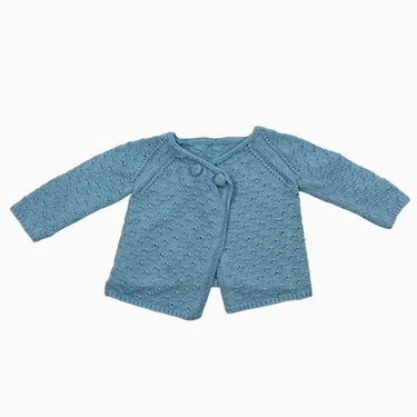 Cardigan turquoise ajouré fait main en tricot de coton 9-12M