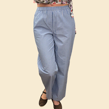 Pantalon bleu à rayures blanches en coton pour femmes S