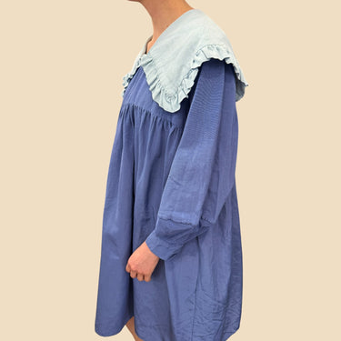 Robe maxi à col claudine bleue océan en coton et acétate pour femmes L