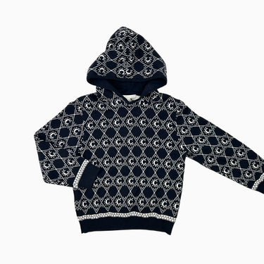 Pull Long à capuchon jacquard bleu marine coton et laine 8Y