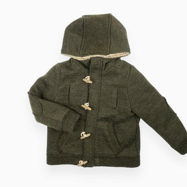Manteau vert olive en tricot d'acrylique et polyamide avec détail en sherpa 7-8Y