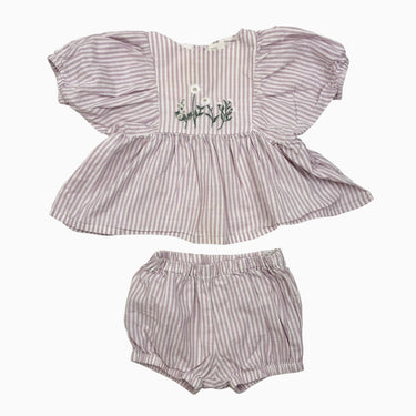 Ensemble blouse et bloomer à rayures mauves et fleurs brodées 4-6M