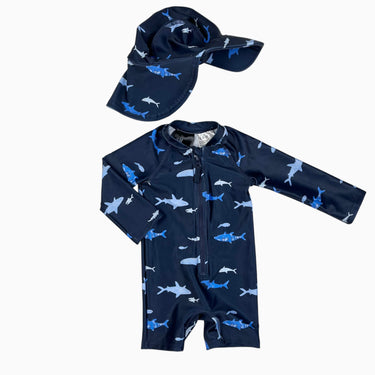 Maillot avec casquette de baignade marine 'requins' 2-6M