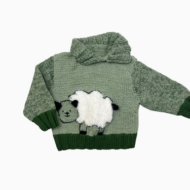 Pull vert 'mouton' en tricot fait main 6-12M