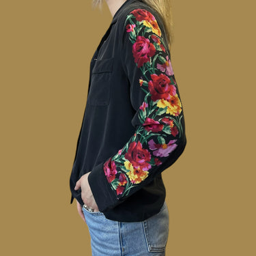 Blouse charcoal en soie à imprimé floral aux manches pour femmes S
