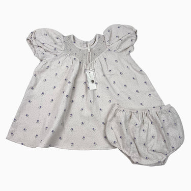 Robe avec bloomer vanille à pois et fleuri en mousseline 18-24M