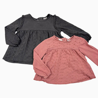 Duo de chandails en coton avec broderies florales charcoal et rose 18-24M