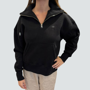 Pull demi-zip noir en coton et poly pour femme XXS