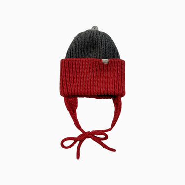 Tuque rouge et grise en tricot de laine de mérinos 45CM 6-12M