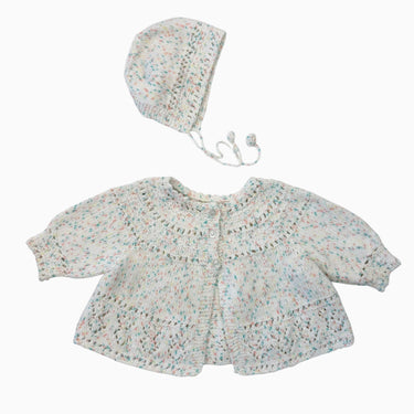 Cardigan et bonnet en tricot fait main conféttis 0-6M