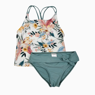 Tankini vert sauge à motif hibiscus en nylon et spandex 12Y
