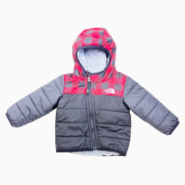 Manteau noir et carreauté rouge doublé et réversible en peluche 6-12M