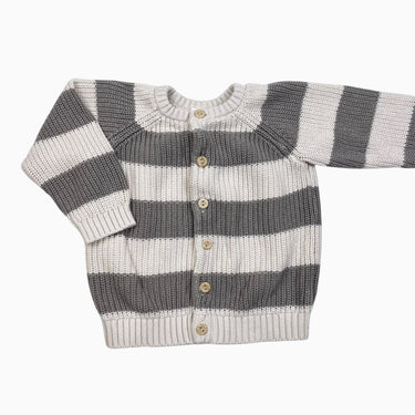Cardigan à rayures vanille et greige en tricot de coton bio 12-18M