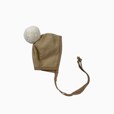 Bonnet miel en lainage avec pompon crème 0-3M