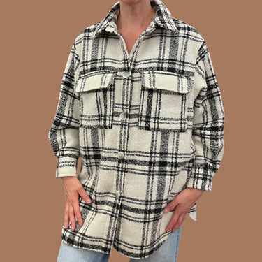 Manteau style surchemise blanc carreuté en poly et laine pour femmes M