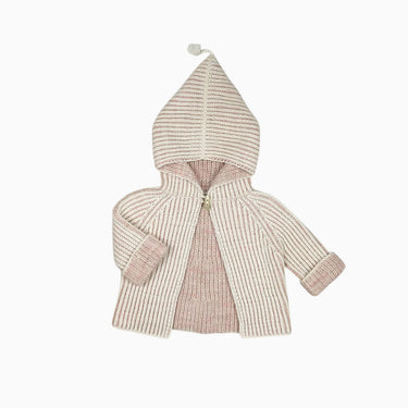Cardigan à capuchon rose et blanc en tricot de coton pimas 6-12M