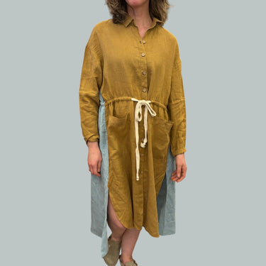 Robe tunique latté et bleue en lin pour femmes avec sac M