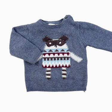 Pull bleu-gris 'chien' en tricot de coton, nylon et laine 6-9M