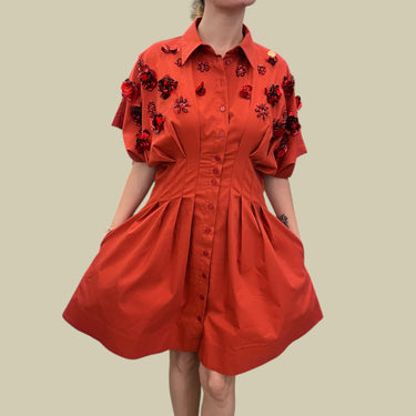 Robe rouge avec fleurs en paillettes en coton et poly pour femmes S