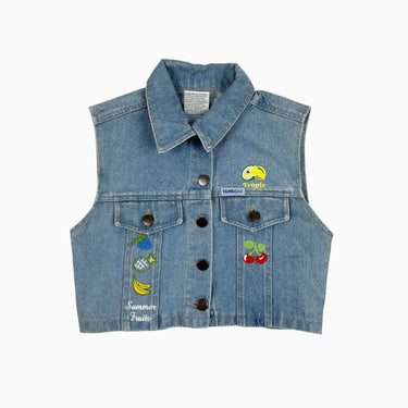 Haut sans manche en jeans cropped 'fruits brodés' vintage fit 7Y
