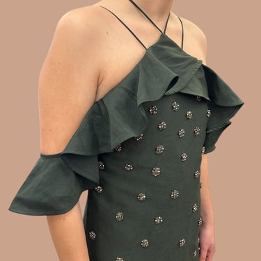 Robe mini olive avec perles poly,coton etnylon pour femmes S