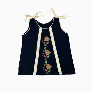 Robe marine 'fleurs brodées' en lin mélangé 9-12M