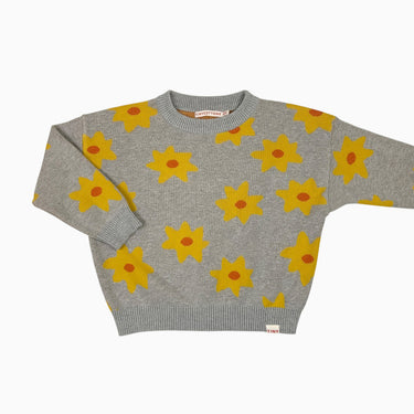 Pull gris 'fleurs jaunes' en tricot 4Y